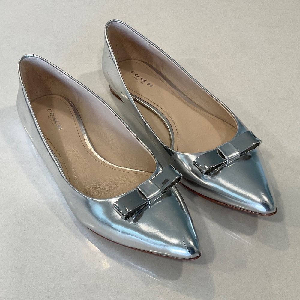 COACH Shoes Wilma Flats Mirror Metallic Silver Bow Pointed Toe Size 8.5